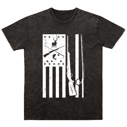 White US Flag Rifle Fishing Rod Fish Deer Hunting Mineral Wash T Shirts