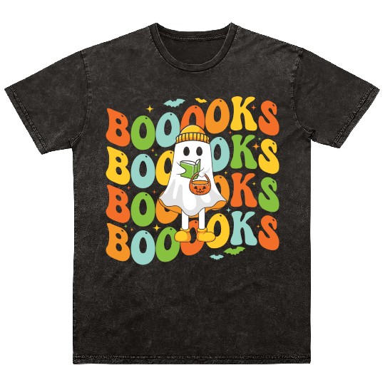 Booooks Cute Ghost Reading A Book Funny Book Lover Mineral Wash T Shirts