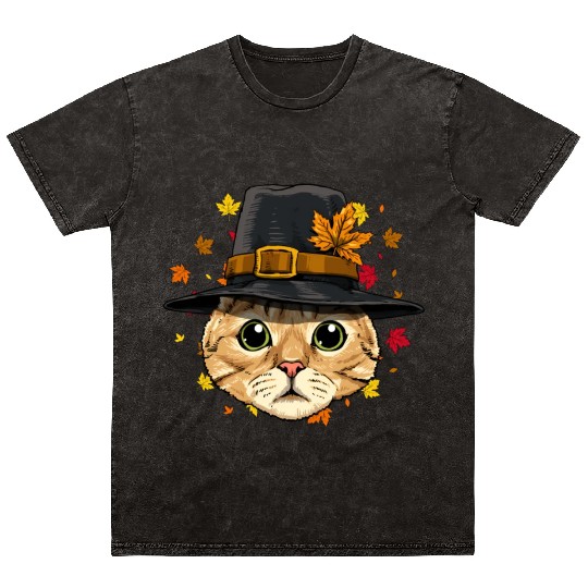 Thanksgiving Cat Pilgrim Mineral Wash T Shirts