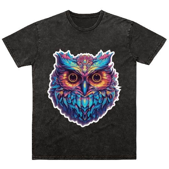 Luminous Nocturne: Holographic Owl Splendor Mineral Wash T Shirts