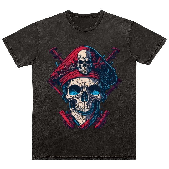 Pirate Jolly Roger Skull Wrecked Red White Mineral Wash T Shirts