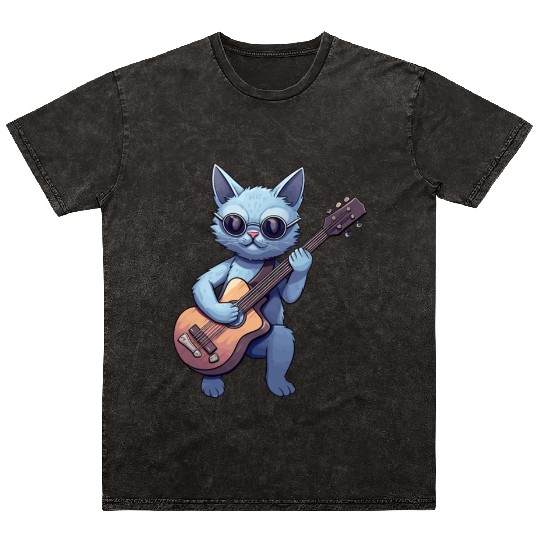Rock Cat Playing Guitar - Funny Guitar Cat Mineral Wash T Shirts