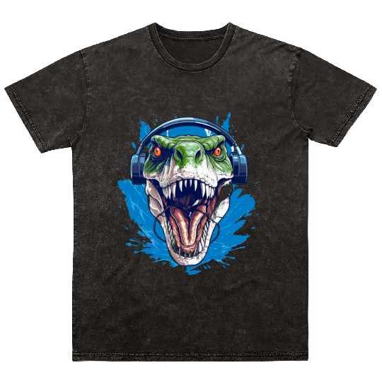 Cool Dinosaur with Headphones for a Dino Fan Mineral Wash T Shirts