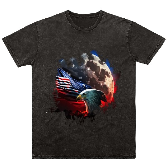 America eagle under Moon with American Flag Mineral Wash T Shirts