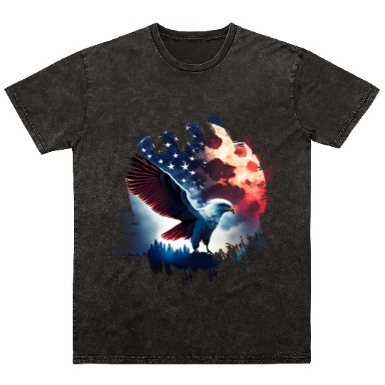 America eagle under Moon with American Flag Mineral Wash T Shirts
