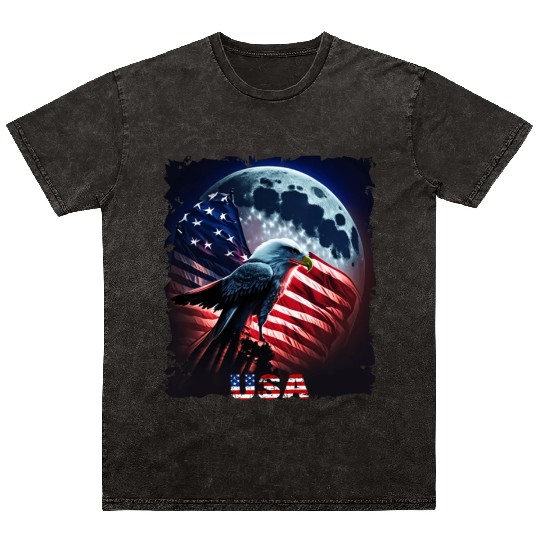 America eagle under Moon with American Flag Mineral Wash T Shirts