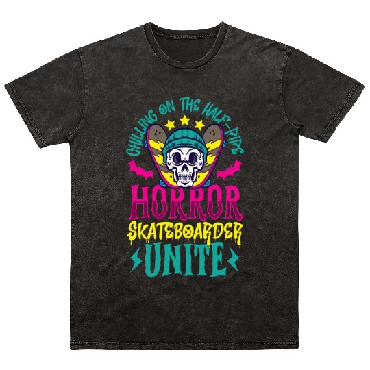 Spooky Horror Skateboarder Halloween Skateboarding Mineral Wash T Shirts