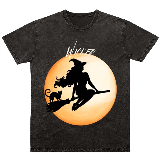 Wicked Cat Witch Funny Halloween Witch Mineral Wash T Shirts