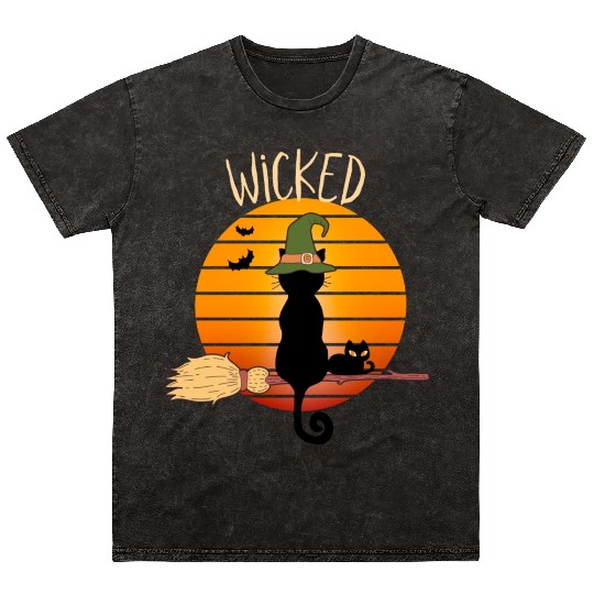 Wicked Cat Witch Funny Halloween Witch Mineral Wash T Shirts