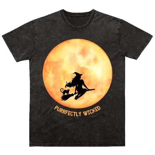 Wicked Cat Witch Funny Halloween Witch Mineral Wash T Shirts