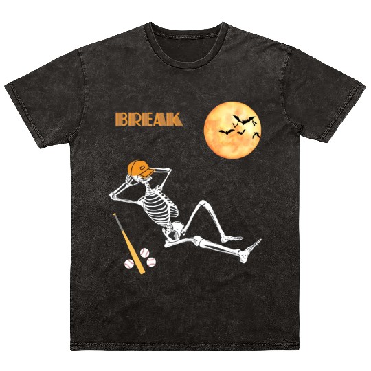 Skeleton Baseball Break Sleep Chill Halloween Funn Mineral Wash T Shirts