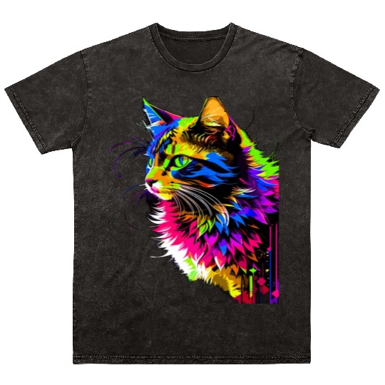 Rainbow Cat Realistic Watercolor Cute Cat Paint Mineral Wash T Shirts