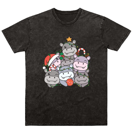 Hippo Christmas Tree Funny Animal Christmas Mineral Wash T Shirts