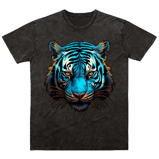 Tiger in blue and orange with woodcut inspired gra Mineral Wash T Shirts