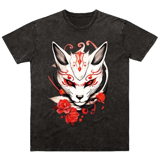 Kumiho Fox Maske Japan Kitsune Samurai Anime Mineral Wash T Shirts