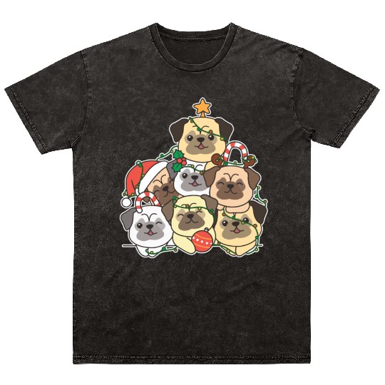 Pug Christmas Tree Funny Animal Christmas Mineral Wash T Shirts