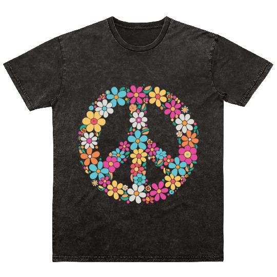 Floral Peace Sign 70s Flower Power Boho Mineral Wash T Shirts