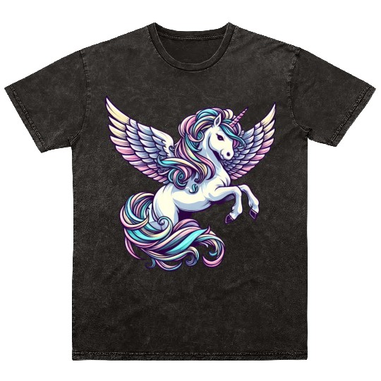 Angelic Glide: Unicorn with Heavenly Wings Mineral Wash T Shirts