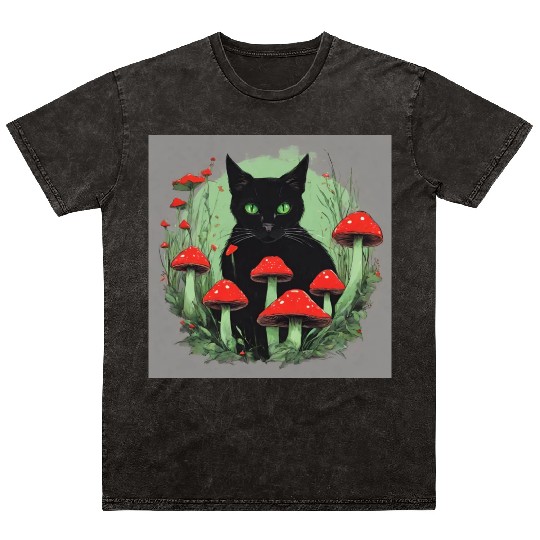 Black Cat and Wild Red Mushrooms Mineral Wash T Shirts