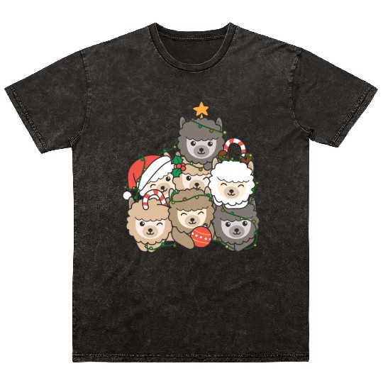 Alpaca Christmas Tree Funny Animal Christmas Mineral Wash T Shirts