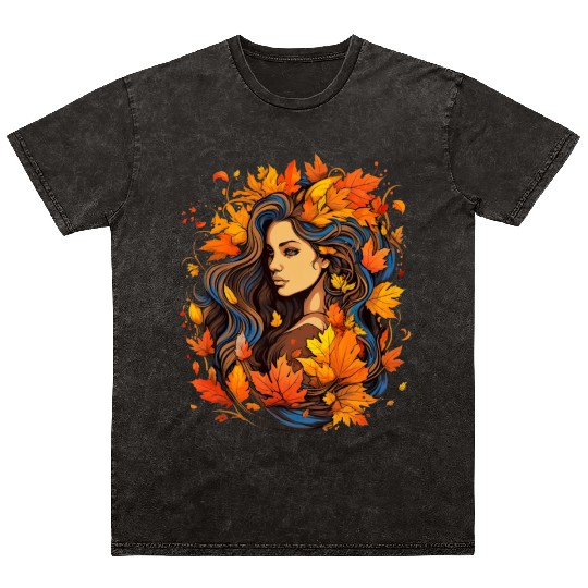 Autumn Woman Nature Leaves Season Mineral Wash T Shirts