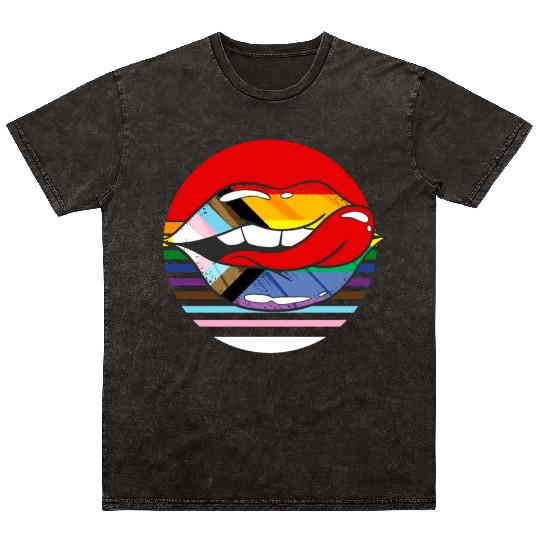 Retro Progress Pride Flag LGBTQ Rainbow Lips Mineral Wash T Shirts