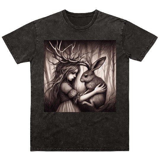 Illustration of Girl with Jackalope Mineral Wash T Shirts