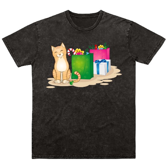 cute cat with christmas gifts Mineral Wash T Shirts