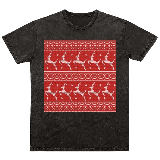 Red Ugly Sweater Christmas Flying Reindeer Mineral Wash T Shirts