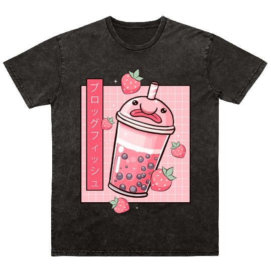 Kawaii Blobfish Japanese Strawberry Boba Mineral Wash T Shirts