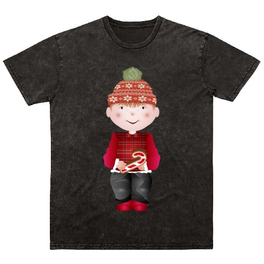 little boy with bobble hat and candy cane Mineral Wash T Shirts