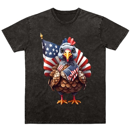Patriotic Plumes: Thanksgiving Turkey Flag Style Mineral Wash T Shirts