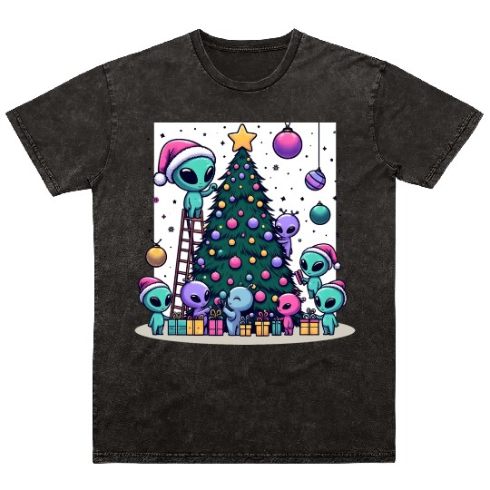 Aliens decorate Christmas tree Mineral Wash T Shirts