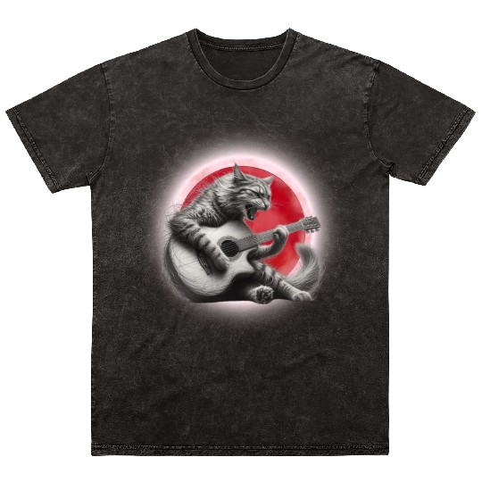 Rock Cat Playing Guitar Mineral Wash T Shirts under the red moon