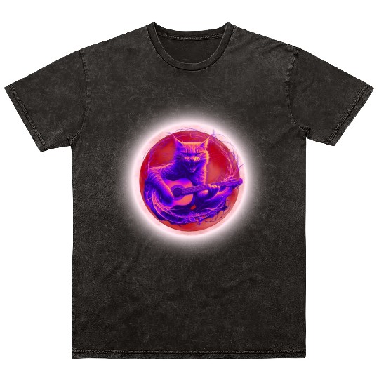 Rock Cat Playing Guitar Mineral Wash T Shirts under the red moon