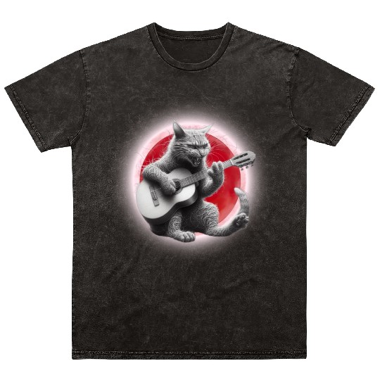 Rock Cat Playing Guitar Mineral Wash T Shirts under the red moon