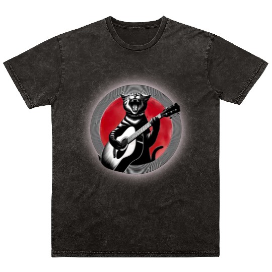 Rock Cat Playing Guitar Mineral Wash T Shirts under the red moon