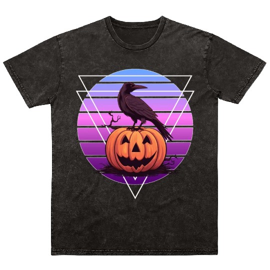 Raven Crow On Pumpkin Vaporwave Halloween Pagan Ae Mineral Wash T Shirts
