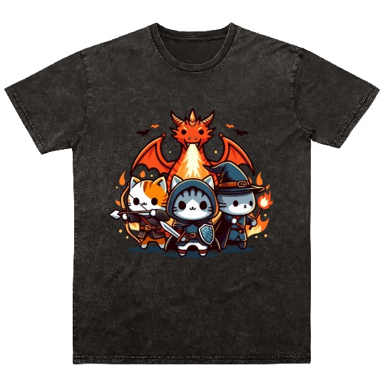 Cute Kawaii Cat RPG Fantasy Board Game Dragon Mineral Wash T Shirts