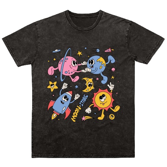 Solar System Planets Moon Sun Saturn Cute Groovy Mineral Wash T Shirts