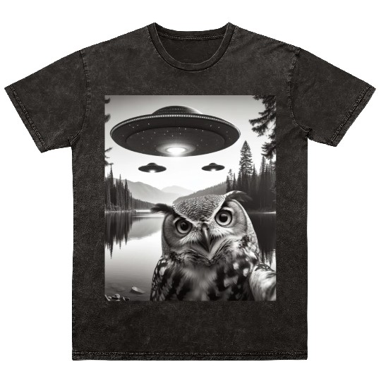 Funny Graphic Owl With UFOs Weird Mineral Wash T Shirts