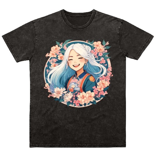 Happy Smile Pretty Japanese Anime Girl with Flower Mineral Wash T Shirts
