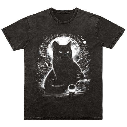 Scary Horror Black Cat Mineral Wash T Shirts