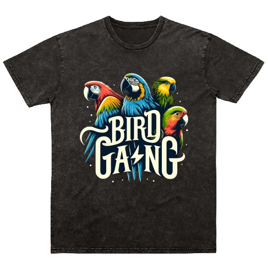 Bird Gang Parrot Funny Birder Flock Owner Macaw Mineral Wash T Shirts