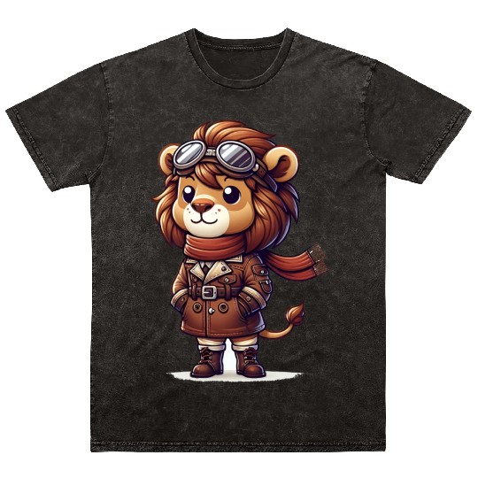 Cute Lion Pilot Mineral Wash T Shirts