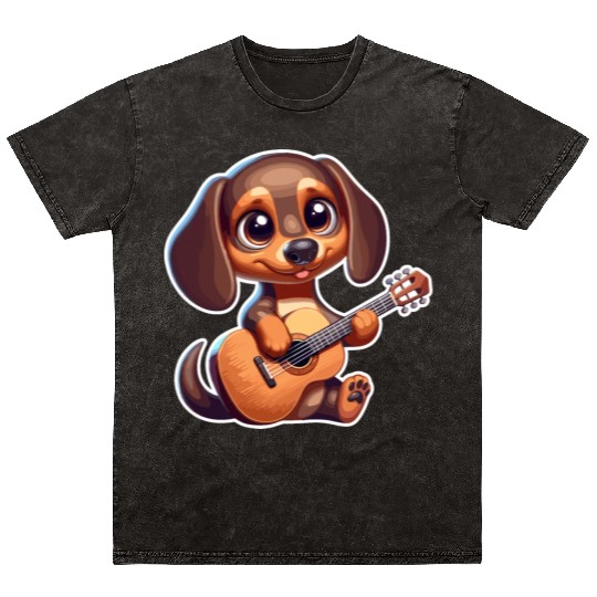 Cute Dachshund playing Guitar Mineral Wash T Shirts