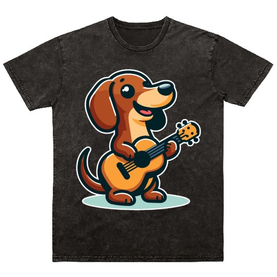 Cute Dachshund playing Guitar Mineral Wash T Shirts