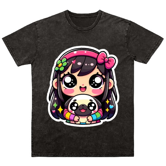 Puppy Hugs - Charming Girl Embracing Cute Pug Mineral Wash T Shirts