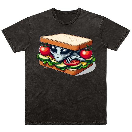 Alien Hiding in a Sandwich Mineral Wash T Shirts