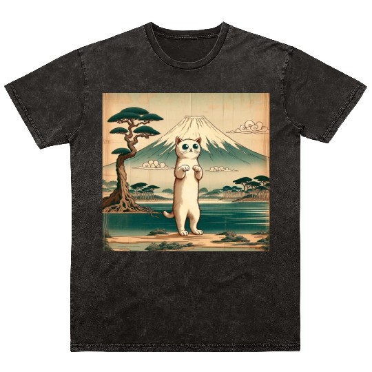 Mt. Fuji Kitten Papyrus Scroll Retro Japanese Art Mineral Wash T Shirts